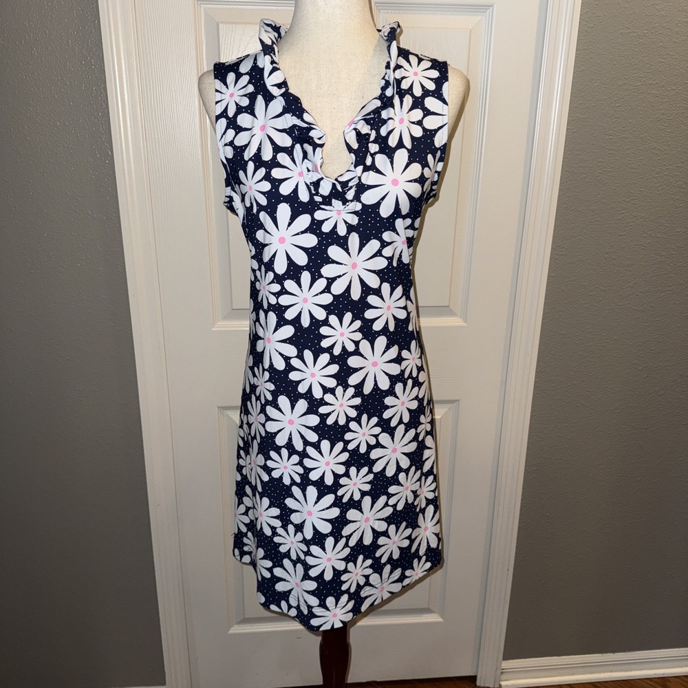 Lulu-B Sleeveless UPF 50+ Dress Daisy Floral Blue White Daises Ruffle Neck L